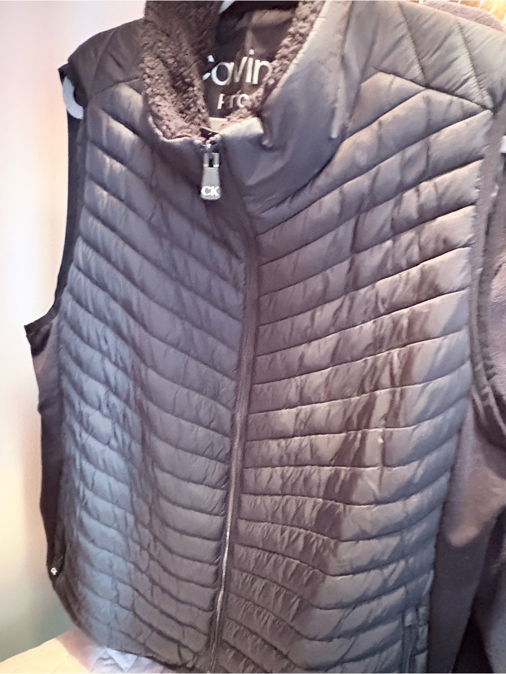 Calvin Klein Performance Black Quilted Sleeveless Puffer Vest with Sherpa Collar